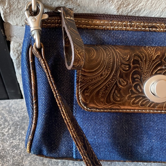 Nine West - Blue Denim and Brown Faux Leather Shoulder Bag - Picture 4 of 9